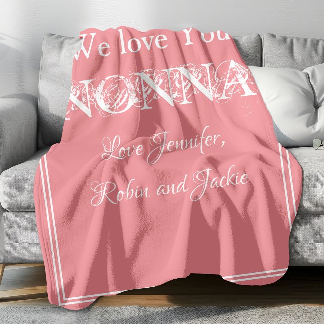 Love You NONNA Elegant Script Grandkids Names Cute Fleece Blanket ("We Love You NONNA" elegant blush pink personalized fleece blanket.)