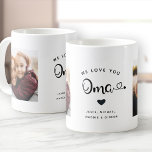 Love you OMA Hearts Custom Two Photo Coffee Mug<br><div class="desc">Simple and sweet two photo coffee mug for Grandma: The hand lettered script reads WE LOVE YOU OMA with pretty hearts flourishes over your names. Personalize with your two favourite photos and make this a modern,  trendy keepsake gift for a beloved grandmother.</div>