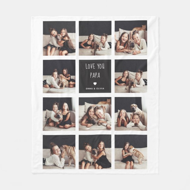 Love You Papa | Photo Collage Handwritten Text Fleece Blanket (Front)