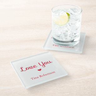 Love you red heart personalized white glass coaster