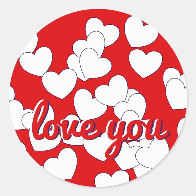 'love you' - Red With Cute White Love Hearts Classic Round Sticker (Front)
