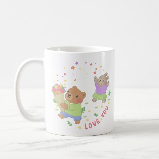 Love You: Teddy Bear & Bunny with Flowers Coffee Mug (Left)