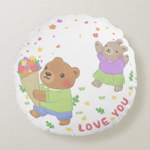 Love You: Teddy Bear & Bunny with Flowers Round Pillow