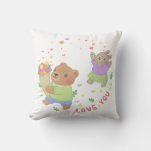 Love You: Teddy Bear & Bunny with Flowers Throw Pillow