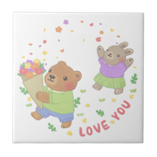 Love You: Teddy Bear & Bunny with Flowers Tile
