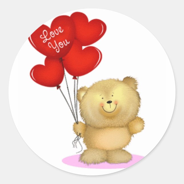 Love You Teddy Bear holding heart ballons Classic Round Sticker (Front)