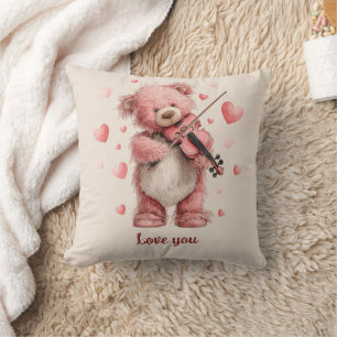 Love You Teddy with Violin Throw Pillow