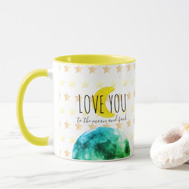 "Love You to the Moon and Back" Earth, Moon, Stars Mug (With Donut)