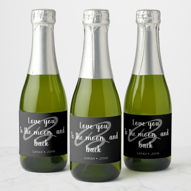 Love you to the moon and back wedding mini sparkling wine label (Bottles)