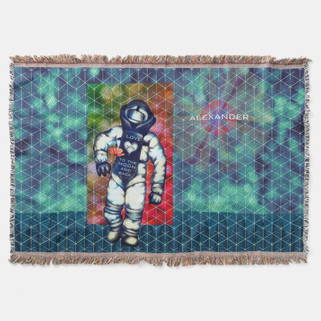 Love You to the Moon Astronaut Drawing Cool Space Throw Blanket (Front)