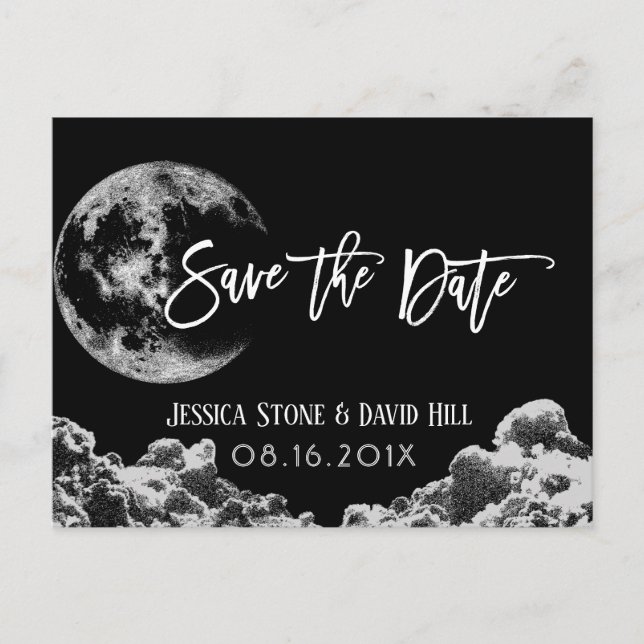 Love You To the Moon & Back Black Save the Date Announcement Postcard (Front)