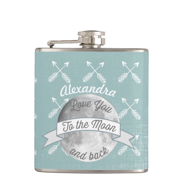 Love You To the Moon Crossed Arrow Hip Flask (Front)