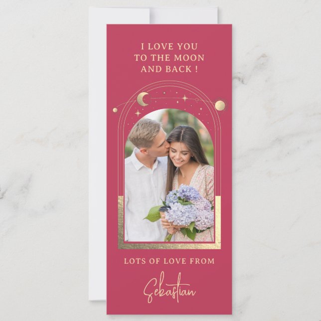 Love You To The Moon Photo Celestial Magengta Gold Holiday Card (Front)