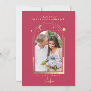 Love You To The Moon Photo Celestial Magenta Gold Holiday Card