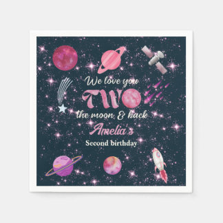 Love You Two The Moon Girls Pink 2nd Birthday Napkin