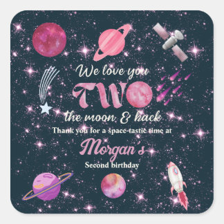 Love You Two The Moon Girls Pink 2nd Birthday Square Sticker