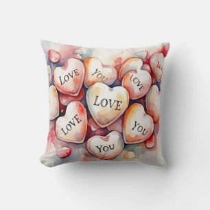 Love You watercolor painting hearts wedding gift Throw Pillow