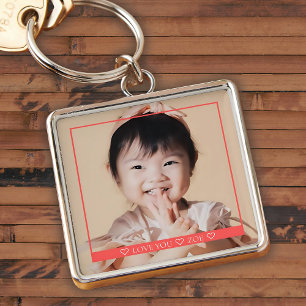 Love you with name and photo in a red frame keychain