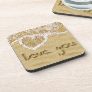 "Love you" written in sand - Plastic Coaster