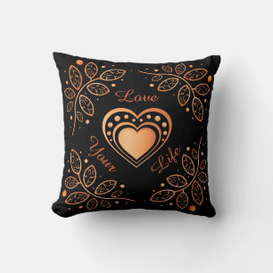 Love Your Life Black & Orange Inspiration Mandala Throw Pillow