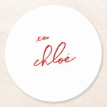 Love “Your Name” Red Typography Round Paper Coaster<br><div class="desc">Indulge in the perfect blend of romance and functionality with a coaster signed by you! The coaster is adorned with the letters "xo" and your name in bold red typography,  which is meant to resemble a signature. Check out our store for the matching collection!</div>