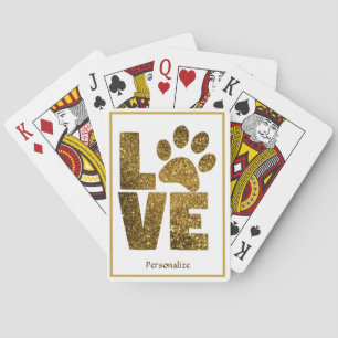 Love Your Pet Paws Gold Glitter Personalized Playing Cards