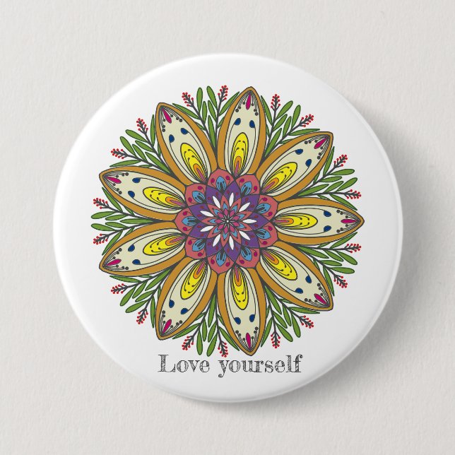 Love yourself mandala flowers 3 inch round button (Front)