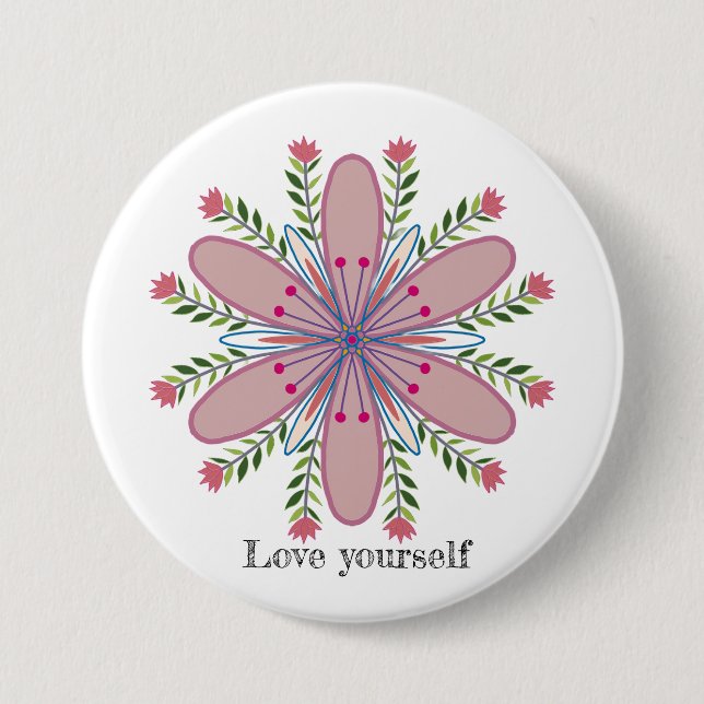 Love yourself mandala flowers 3 inch round button (Front)
