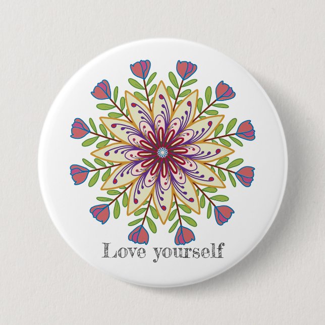 Love yourself mandala flowers 3 inch round button (Front)