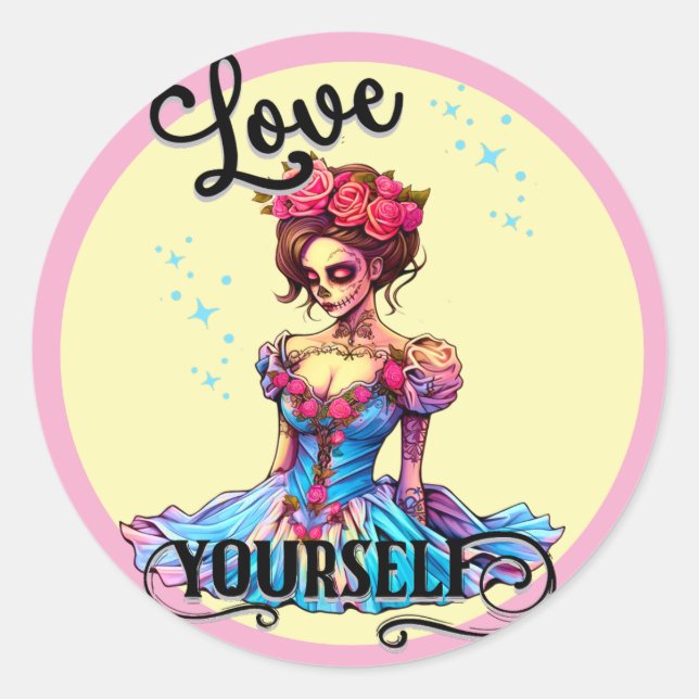 Love Yourself Sugar Skull Classic Round Sticker (Front)