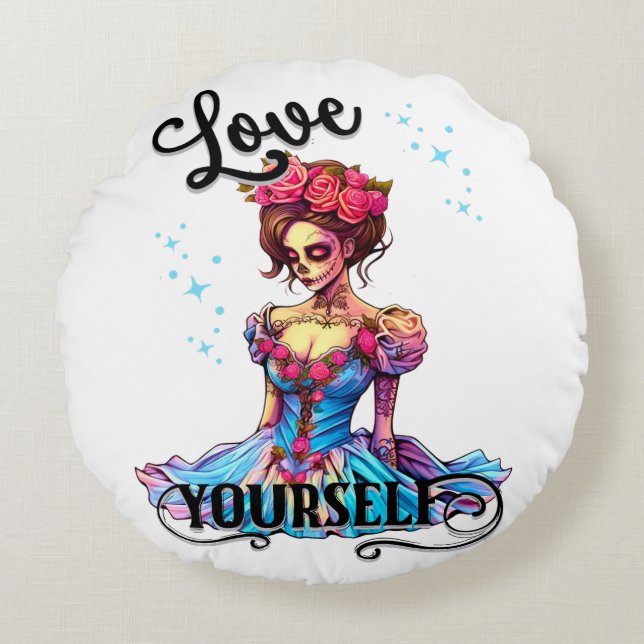Love Yourself Sugar Skull Round Pillow (Front)