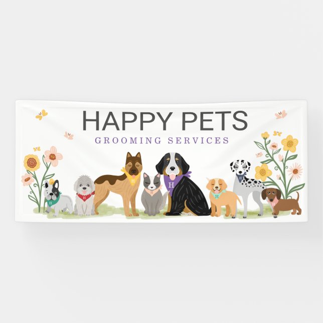 Loveable Happy Pet Family Pet Care, Grooming White Banner (Horizontal)