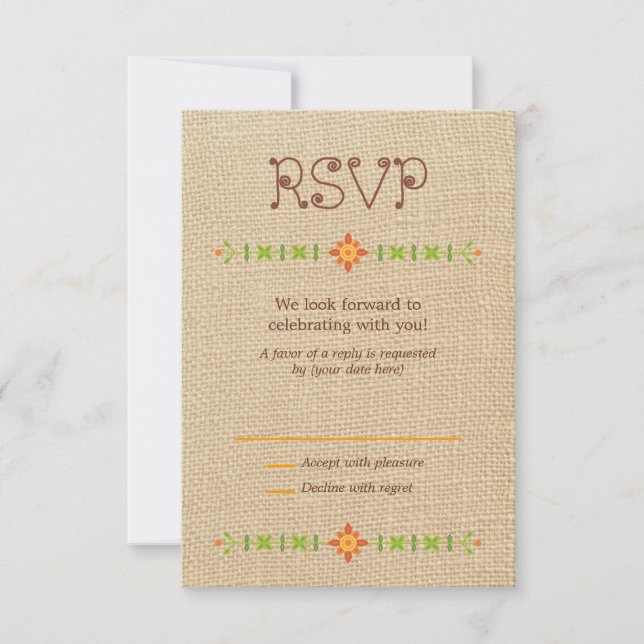 Lovebird Owls on Burlap Wedding RSVP Card (Front)