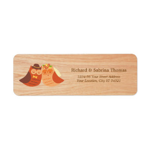 Lovebird Owls on Wood Wedding Return Address Label