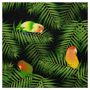 Lovebird Parrot Green Palm Leaf Bird Pattern Black Fabric