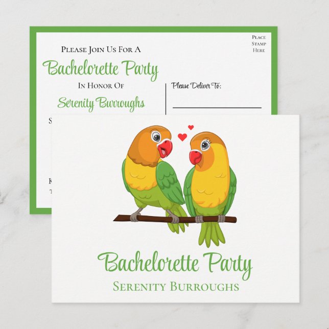 Lovebird Yellow Green Love Birds Bachelorette  Invitation Postcard (Front/Back)