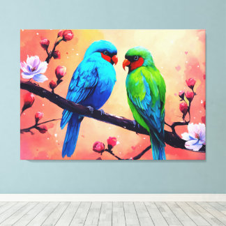 Lovebirds Among Blossoms Canvas Print