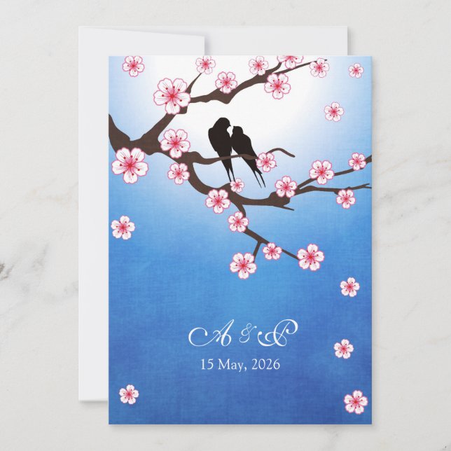 Lovebirds and Sakura - Blue Background Invitation (Front)