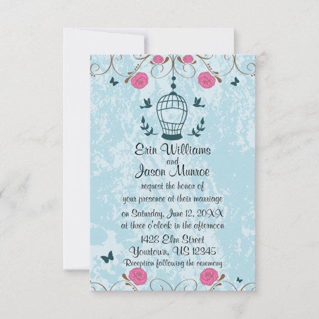 Lovebirds Bird Cage Roses Wedding Invitation (Front)