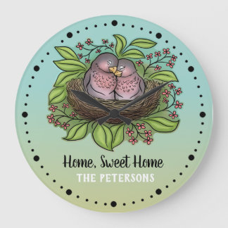 Lovebirds Couple in Nest Home Sweet Home Large Clock