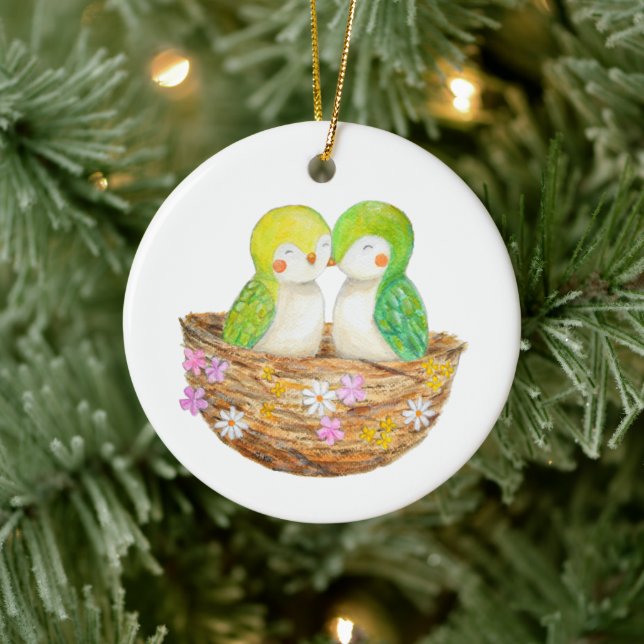 Lovebirds Couple's First Christmas Together Custom Ceramic Ornament (Tree)