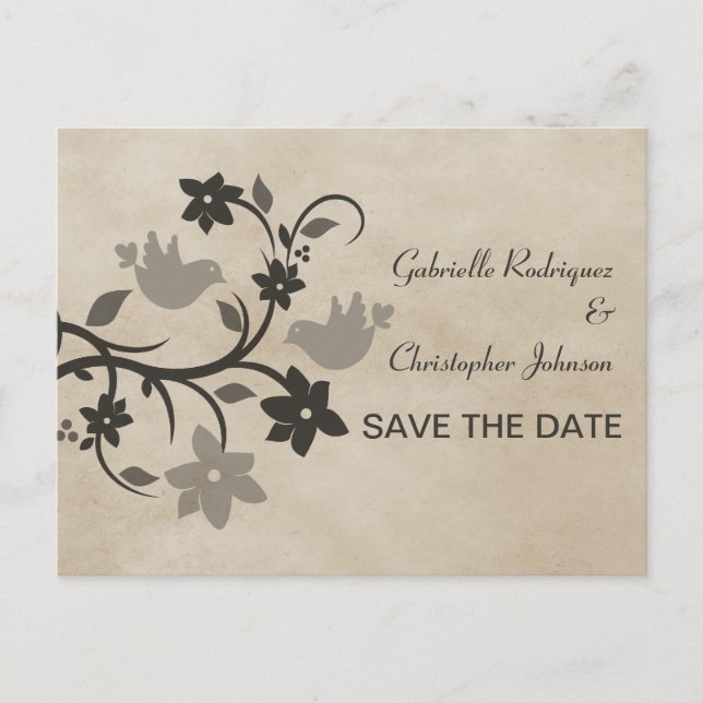Lovebirds floral gris Enregistrer la date Carte po (Devant)