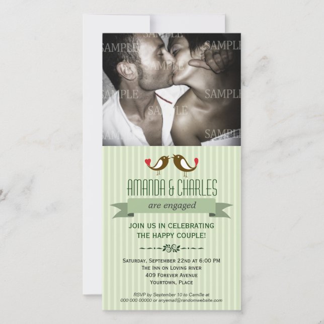 Lovebirds Green Engagement Photo Card (Front)