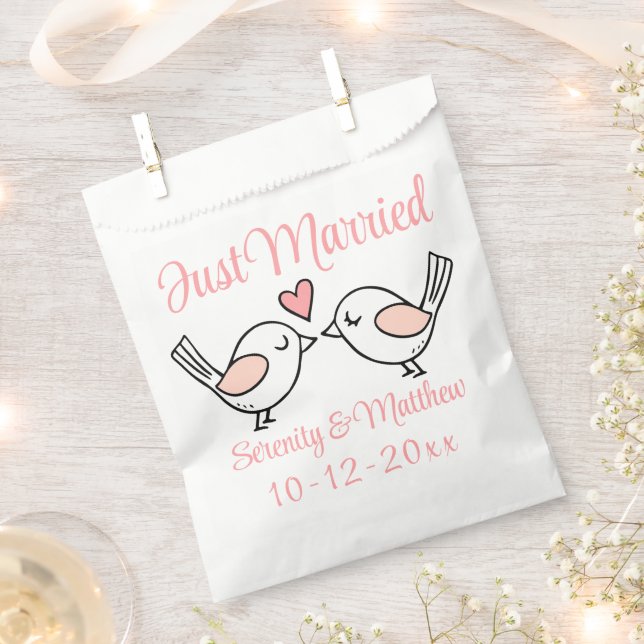 Lovebirds Just Married Pink Love Birds Wedding Favour Bag (Clipped)
