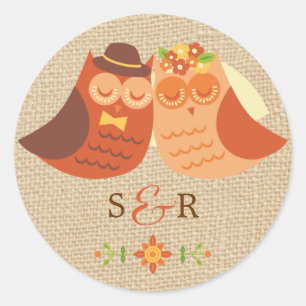 Lovebirds Owl on Burlap Wedding Sticker