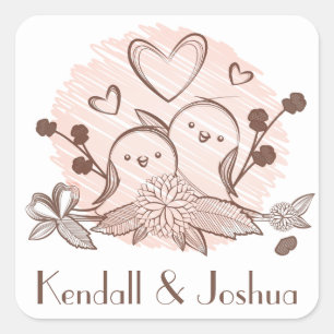 Lovebirds Pink And Brown Personalized Wedding Square Sticker