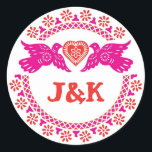 Lovebirds pink and red round sticker<br><div class="desc">Love birds sticker or envelope seal with a Mexican or Southwestern flair. This design is part of my papel picado-style "Lovebirds" invitation design set. You type your own initials (or message) in the centre, and choose your own font and font colour. Just contact me if you would like this label...</div>