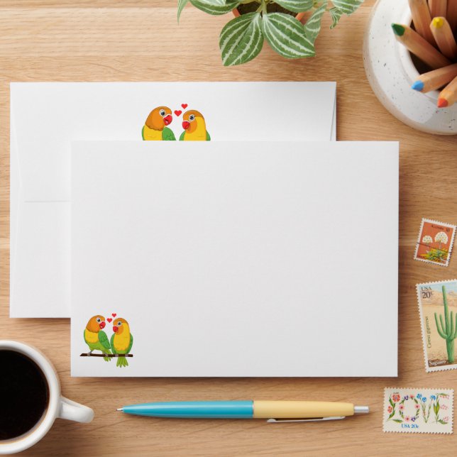 Lovebirds Yellow Green Cartoon Love Birds Wedding Envelope (Desk)