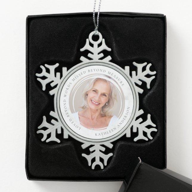 Loved Beyond Words Missed Beyond Measure Photo Snowflake Pewter Christmas Ornament (Box)
