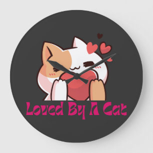 "Loved By A Cat Kawaii Cat Wall Clock" Large Clock